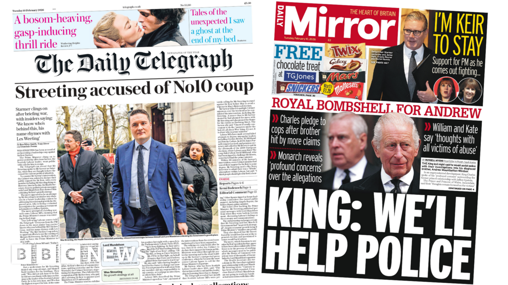 Newspaper headlines: ‘Streeting accused of No 10 coup’ and ‘King: We’ll help police’